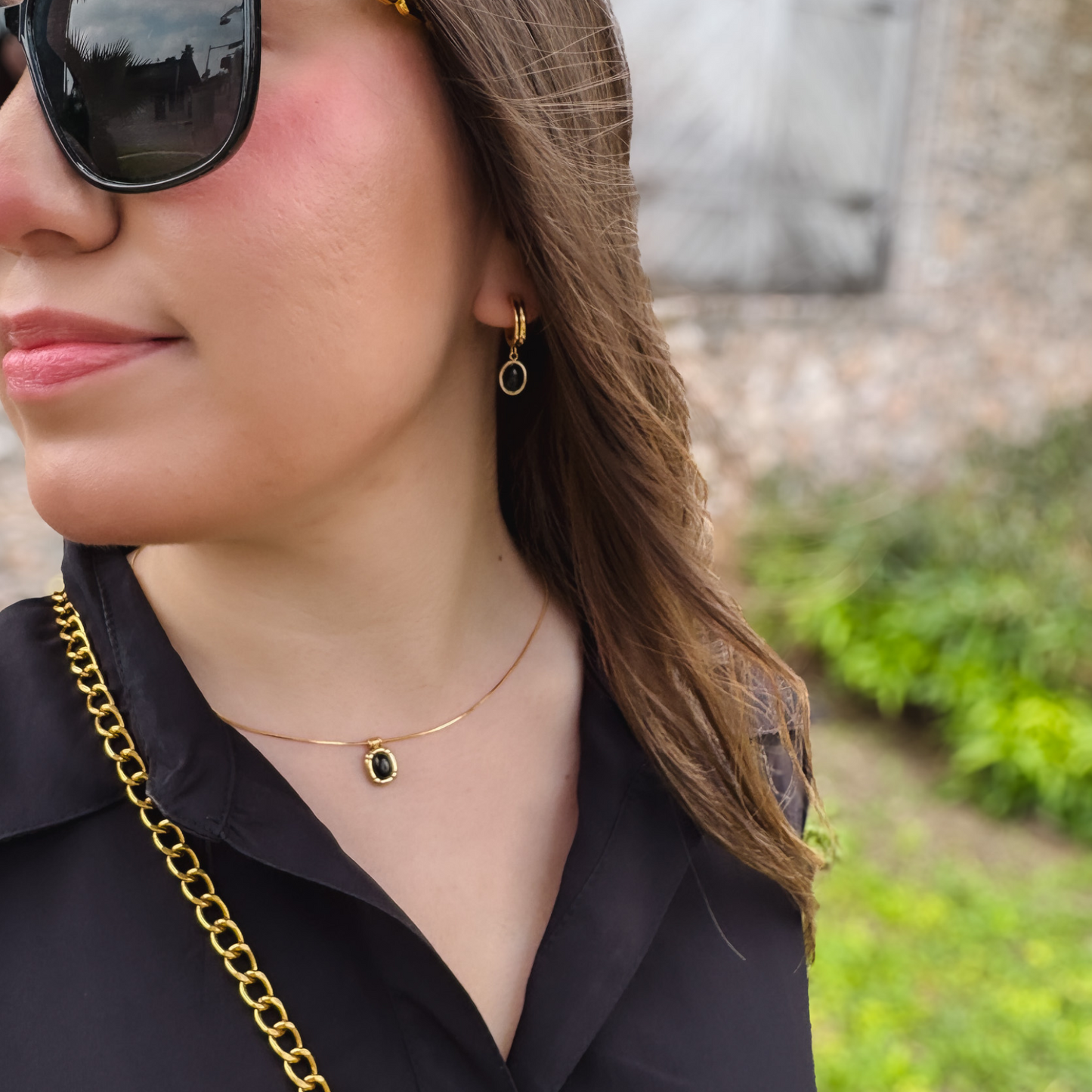 18K Black Onyx Oval Necklace & Earrings Set